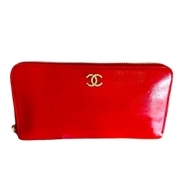 CHANEL caviar skin long wallet red with silver logo comes with COA dustbag & box - Picture 1 of 17